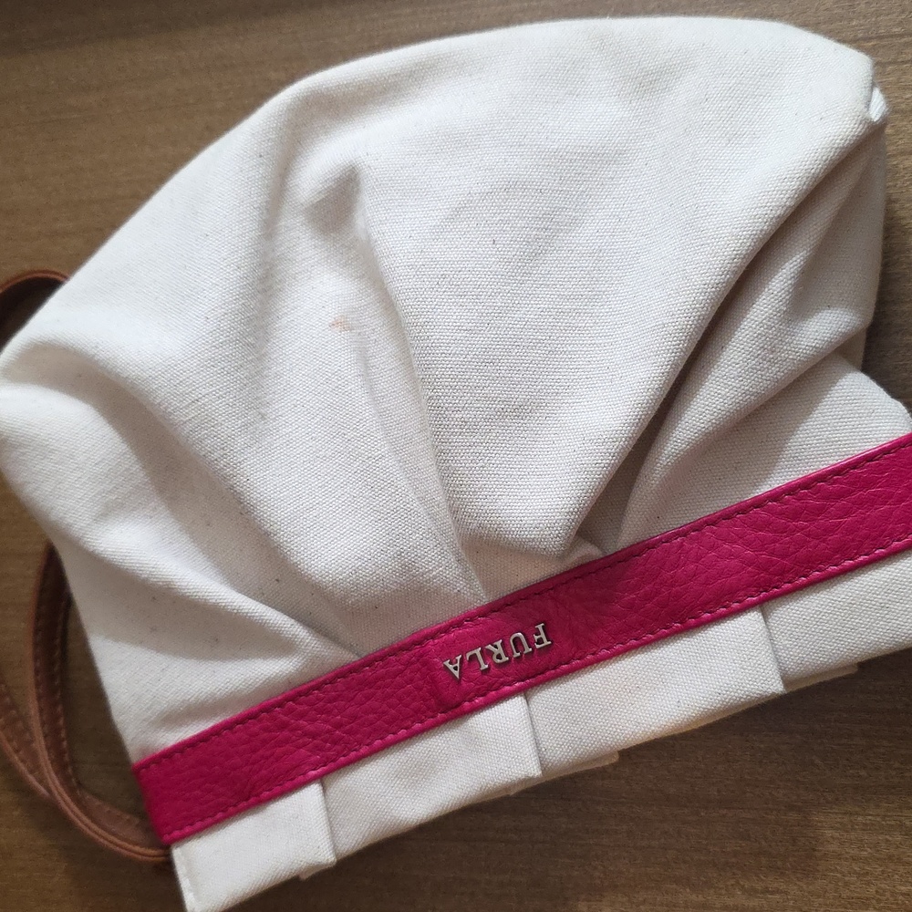 Furla Cream Clam Canvas Clutch with Pink Detail